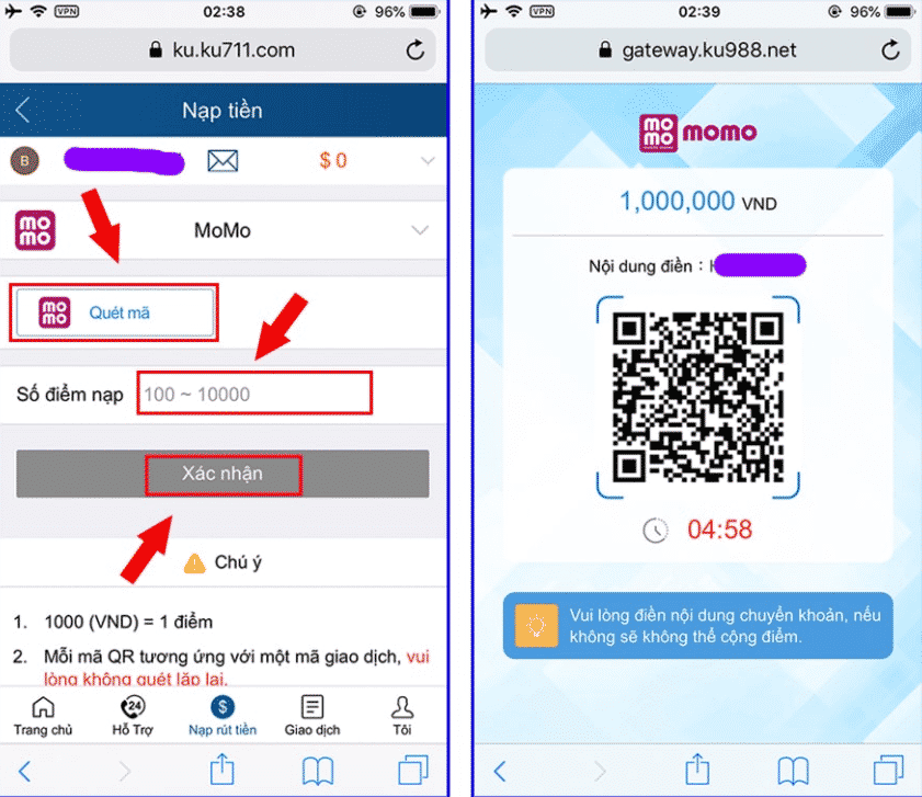 Cách nạp tiền KUBET bằng MOMOquét mã